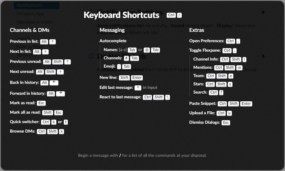 Liste raccourcis / shortcuts sur Slack